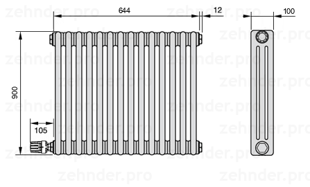 Схема (чертеж) Радиатор Zehnder Charleston 3090/14 №V004 Белый глянцевый RAL 9016